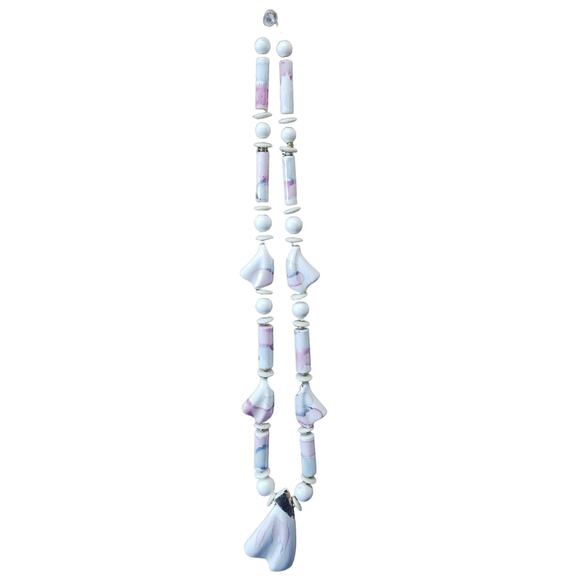 VTG Chunky Marbleized Pastel Painted Ceramic Statement Necklace l Length: 27" - Picture 5 of 11